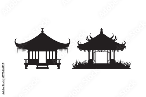 Two silhouetted asian pagoda style gazebos with decorative roofs