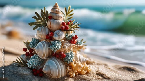 Seashell Christmas tree stands on the sandy beach, glistening under the bright sun. Gentle ocean waves in background, holiday scene on the shoreline. Festive  coastal decoration
