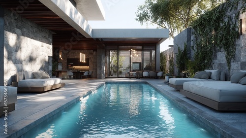 Wallpaper Mural Tranquil Swimming Pool Oasis with Stone Walls and Lush Greenery Torontodigital.ca