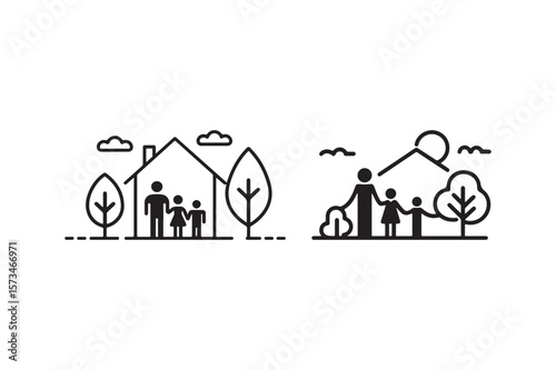 Stylized family icons showcasing home and outdoor activities