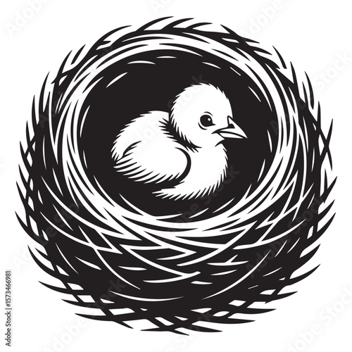 A lone fluffy white baby bird sits in a black and white stylized nest made of twigs and grass on a white background