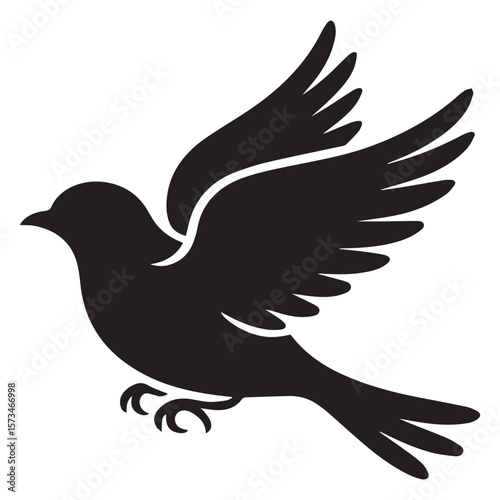 Stylized black silhouette of a bird in mid flight with wings spread wide and tail feathers extended against a clean white background