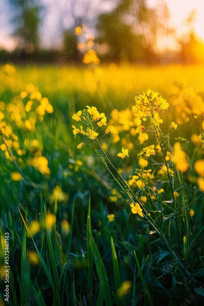 Fototapeta premium Golden Meadow Blossoms at Dusk with Warm Sunlight Highlighting the Natural Beauty of Nature