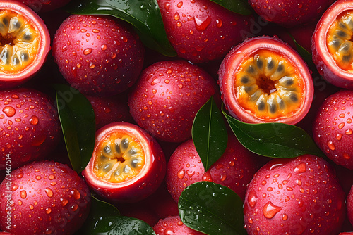 Wallpaper Mural Fresh passion fruits with water droplets glisten vibrantly against green leaves. Torontodigital.ca
