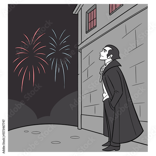 Dracula watching fireworks near a brick building at night with a long coat and hands in his pockets looking up