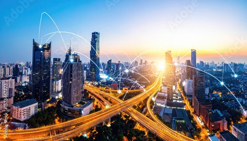 Wallpaper Mural Cityscape at dawn with network connections Torontodigital.ca