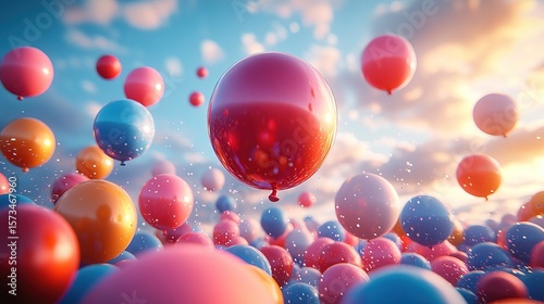 A vibrant display of floating, glossy balloons in various colors against a backdrop of a bright, cloudy sky.