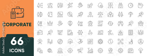 Corporate Line Icon Set. Includes icons of business team, office building, meeting, leadership, collaboration, finance, and strategy. Great for company, branding, and HR use.