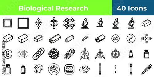 Illustration of forty black and white line art icons for biological research and scientific study icon sheet
