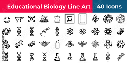 Collection of educational biology line art icons featuring dna molecules insects and lab equipment designs icon sheet