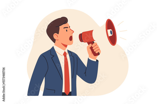 Businessman with a megaphone making an announcement. Business shout out for promotion, marketing, or communication. Man speaking out loud to draw attention. Vector illustration.