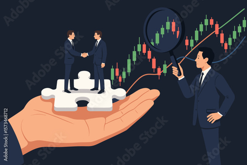Business success strategy with collaboration and teamwork. Partnership negotiation concept. Businessmen shaking hands on a jigsaw puzzle piece. Financial analysis and growth.