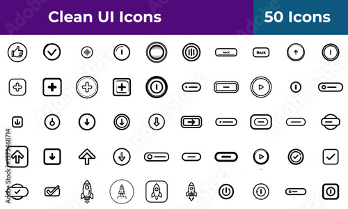 A collection of fifty clean user interface icons displayed in a grid pattern on a transparent background