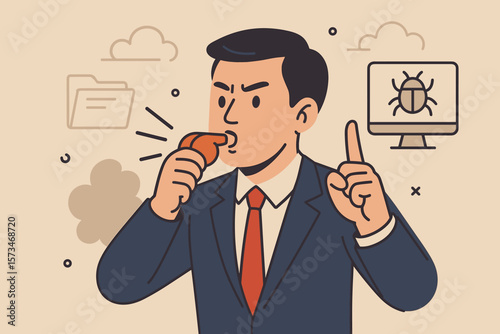 Business whistleblower concept. Man blowing whistle to expose corporate misconduct, fraud or a data security bug. Alerting about illegal activity and inside information leaks.