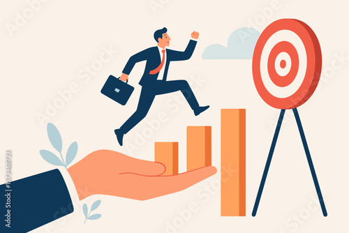 Business support and mentorship concept. Helping hand assists employee climbing chart stairs to success for reaching target goal. Career growth, teamwork and achievement vector.