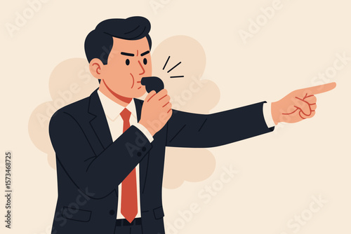 Business whistleblower concept. Man in suit blows whistle, points finger to expose corporate misconduct, corruption, and illegal secret information. Alert on fraud and crime.