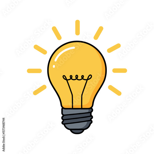 Bright light bulb icon with radiating yellow lines – stock vector in colorful flat style