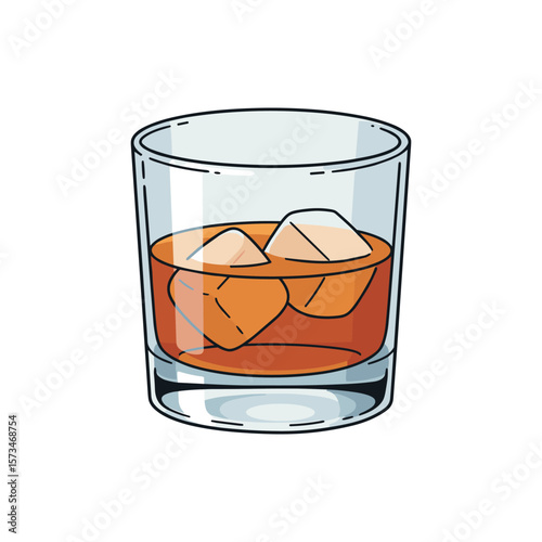 Glass of whiskey with ice cubes illustration – stock vector in colorful flat style