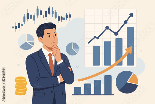 Businessman financial data analysis. Economic growth diagram. Stock market exchange data. Investment analysis. Growth earning income concept. Man thinking. Strategy success.