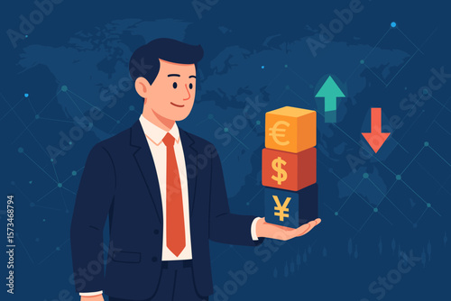 Businessman holding currency symbols. Forex trading and currency exchange vector concept. Global finance, stock market investment, and money fluctuation business illustration.