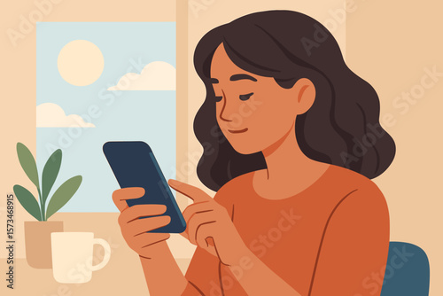 Young woman using mobile smart phone in the morning at home. Girl relaxing, browsing internet, scrolling social media feed. Modern technology, communication concept vector.