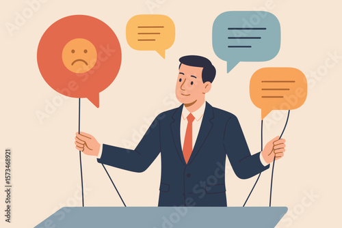 PR Public relations. Communication management concept. Businessman handles public comment, social criticism. Customer feedback, reputation management. Man holds opinion balloons.