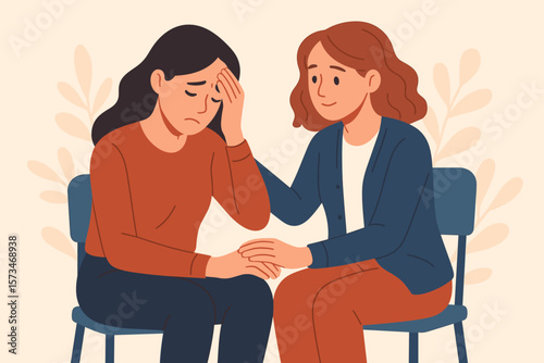 Woman comforting her sad friend. Empathy, compassion and support concept. Friendship and care for person with depression, anxiety or stress. Mental health vector illustration.
