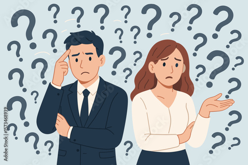 Confused man and woman thinking with questions. People with confusion problem or doubt. Couple lost in trouble, complexity or misunderstanding. Business team searching solution.
