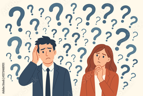 Confused business people with question marks. Man and woman have problem, doubt. Lost in trouble, complexity. Complicated questions, misunderstanding vector concept illustration.