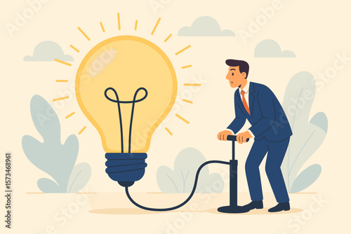Businessman pumps air into a giant light bulb. Metaphor for creating a new idea, creativity, innovation to solve a problem. Idea development, invention and imagination concept.