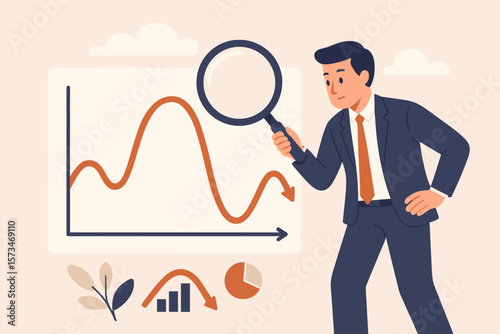 Businessman with magnifier studying economic cycle. Stock market up and down, boom or recession. Business cycle for marketing, statistic or data analysis concept illustration.