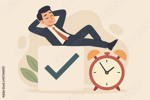 Easy completed task and finish work within deadline. Efficiency and productivity concept. Businessman relax after work done. Time management, checklist and success celebration.