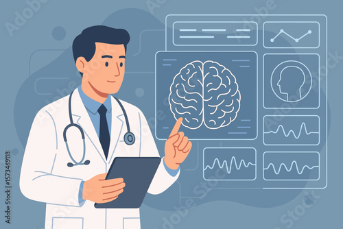 Doctor analyzes brain scan on virtual screen. Neurology diagnostics concept. Neurologist with tablet checks EEG result. Future medical technology, neuroscience research idea.