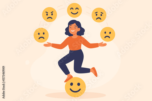 Emotional intelligence, balancing emotions, mental health concept. Woman juggling happy, sad, angry faces, controlling feelings, psychological stability, success, anxiety, happiness
