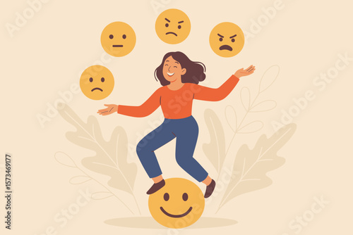 Emotional intelligence, control of feelings and emotions, psychology of success and happiness, cheerful woman balancing on smiley face juggling mood emoticons