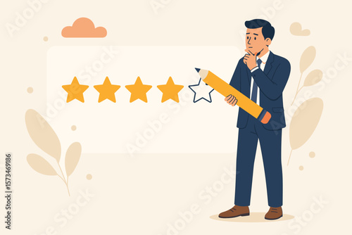 Customer satisfaction feedback, performance evaluation, service rating, review stars, quality assessment concept, businessman holding pencil, thoughtful decision, rating system
