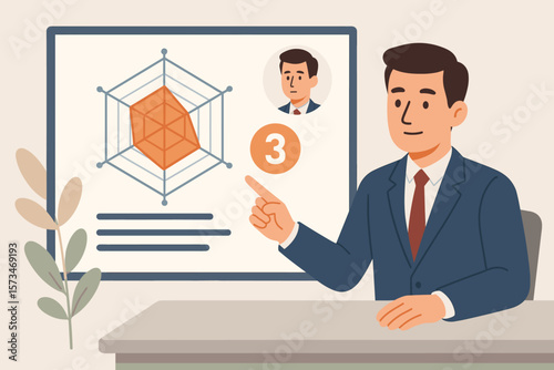 Businessman Presenting Performance Review with Radar Chart, Employee Appraisal, Skill Assessment, Staff Evaluation, Job Fit Analysis, Improvement Area, Score 3, HR Concept