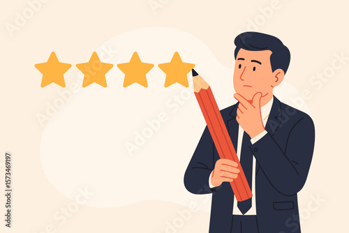 Customer satisfaction feedback, performance evaluation, service quality rating, five star review concept, thoughtful businessman holding pencil, rating and assessment illustration