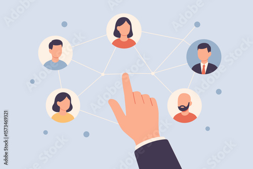 Business Network Connection Concept with Hand Touching Human Icons, Project Management, Collaboration, Modern Flat Vector Cartoon Illustration