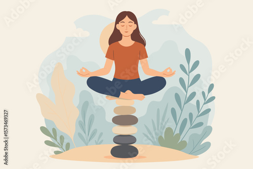 Woman meditating in yoga lotus pose on balanced stones. Harmony, balance, mindfulness, relaxation for wellness. Zen spiritual therapy for focus and concentration concept.
