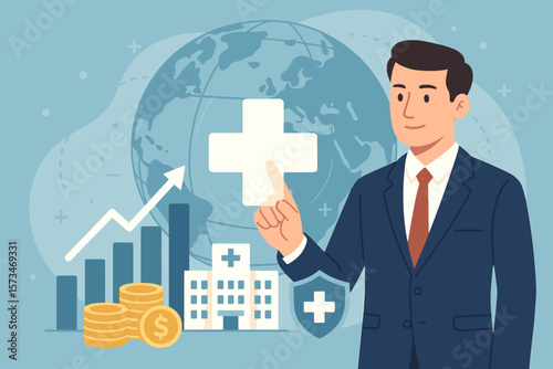 Healthcare business, medical investment, and health insurance concept. Businessman touching a cross symbol. Hospital industry management, financial growth, global health economy.