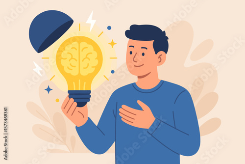 Idea generation, creativity, and innovation concept. Man opens a lightbulb with a brain inside. Metaphor for knowledge, imagination, wisdom, and finding a brilliant solution.