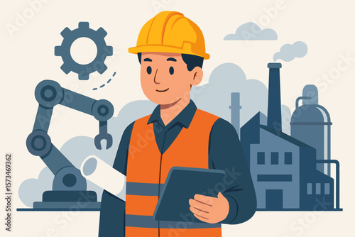 Industrial engineer with blueprint and tablet at a factory. Manufacturing worker managing robotic arm automation. Modern flat vector character illustration for heavy industry.