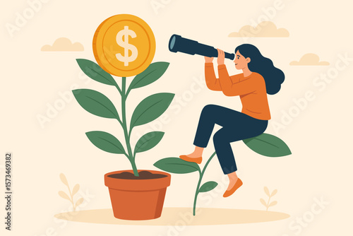 Woman looking through a telescope for financial opportunity. Investment and savings growth concept. Growing wealth, earning profit, and income. Financial banking forecast.