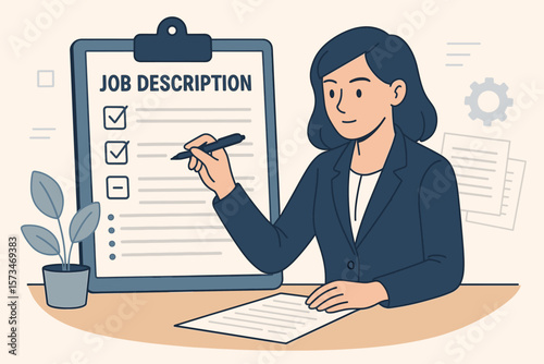 Job description concept. Business woman employer writing qualification and requirement for job position. Working scope document. Duty and responsibility for employment. HR hiring.