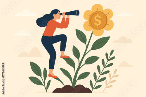 Investment or saving growth concept. Woman looking through a telescope at a money plant with a coin flower. Financial and banking forecast for growing wealth and earning profit.