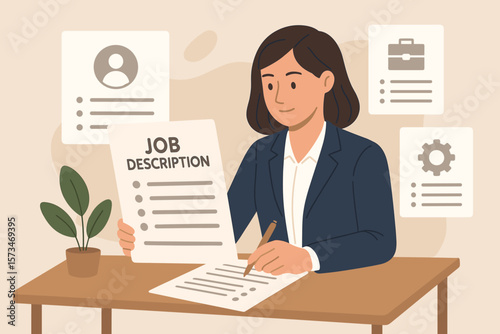 Job description concept with an HR manager writing qualifications and requirements for a position. Recruitment, employment, hiring process, and career opportunity document.