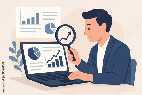 Market research data analysis concept. Businessman analyst with magnifying glass analyze business financial report. SEO analytics for profit, earning, and investment growth.