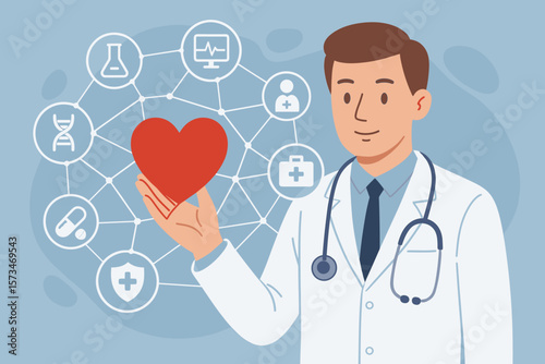 Doctor holding a red heart with medical icons network connection. Modern virtual screen interface. Medical technology, cardiology, and healthcare innovation vector concept.