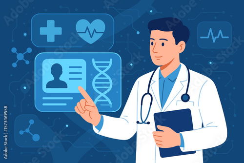 Doctor analyzing electronic medical record. Digital healthcare innovation concept. Physician with patient data on virtual screen. DNA genetics research. Medical technology network.